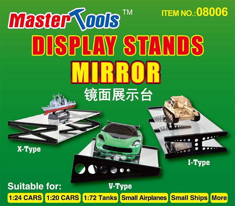 ESPOSITORE PIEDISTALLO CON SPECCHIO PER AUTO 1/43, AUTO 1/24, MEZZI MILITARI 1/72