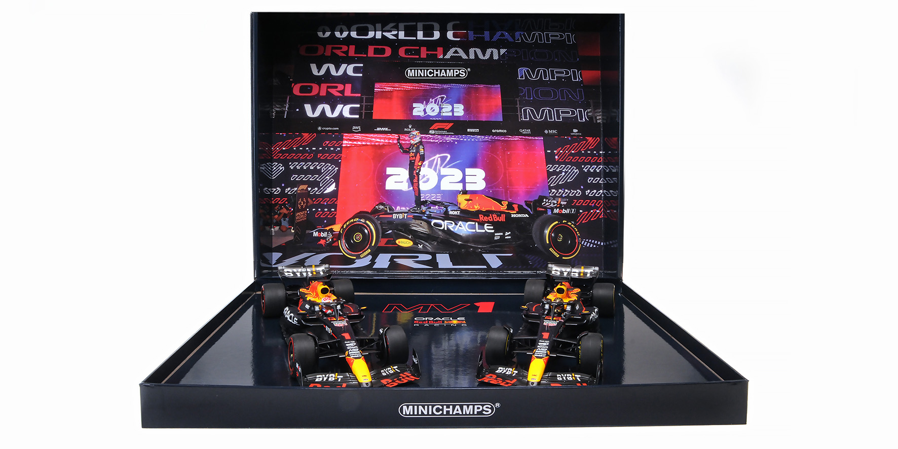 RED BULL RACING RB19 TWO CAR SET MAX VERSTAPPEN W.C. QATAR SPRINT &amp; GP 2023