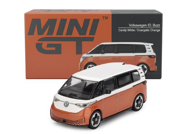 VOLKSWAGEN ID.BUZZ CARAVELLE CANDY WHITE & ENERGETIC ORANGE 2024 MINI-GT